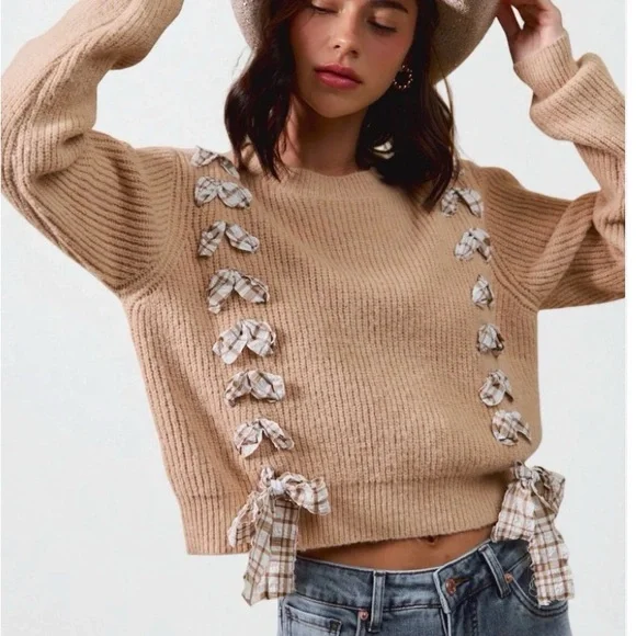 So Me Cropped Bow Cardigan Sweater Beige Plaid Bow Detail Women’s Medium - Picture 6 of 11